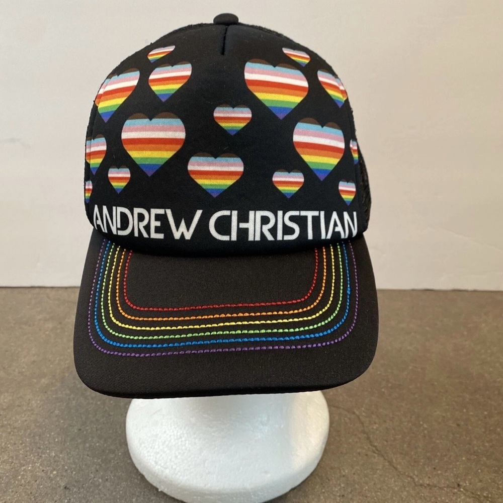 Andrew Christian Black progress pride Cap with Rainbow Hearts